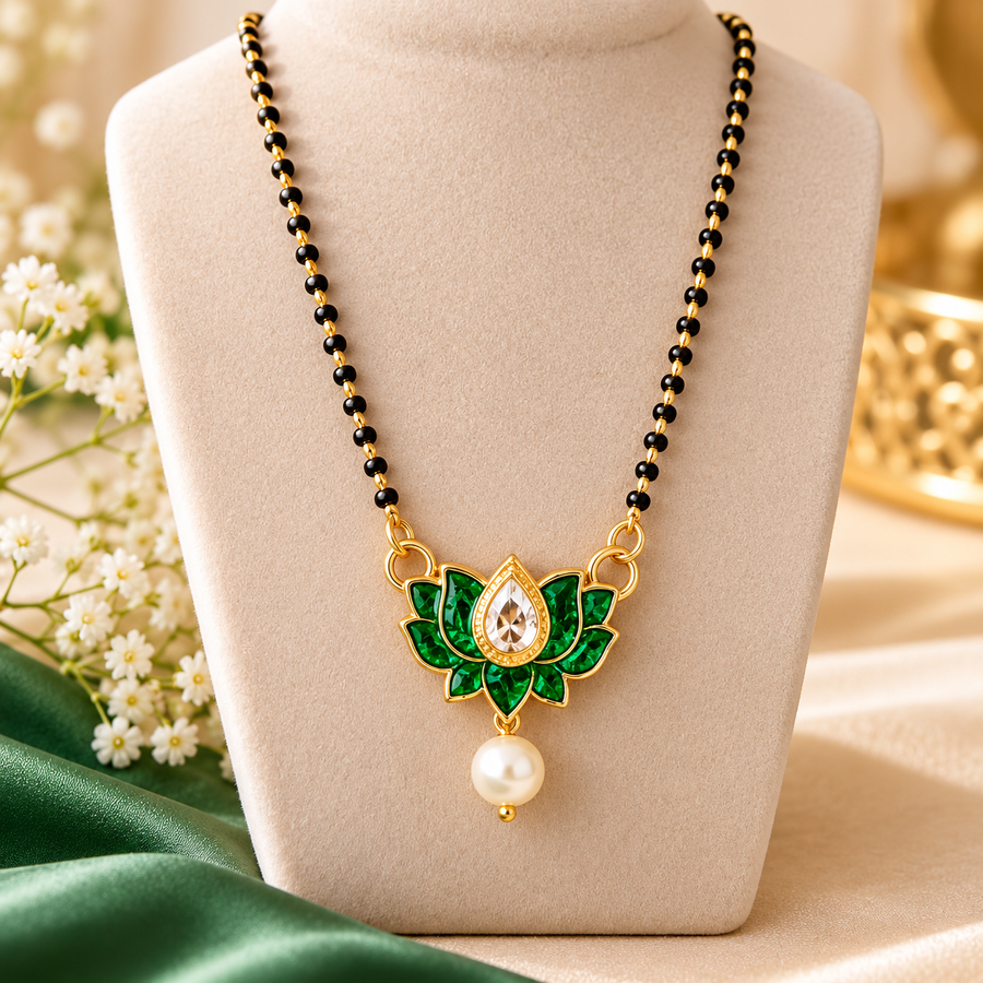 Emerald Lotus Pearl Drop Mangalsutra – Elegant Black Beaded Necklace for Women